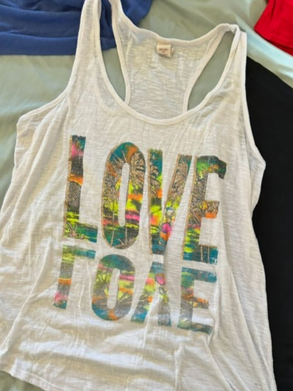 OP White Racerback Tank with Multicolor 'LOVE' Graphic
